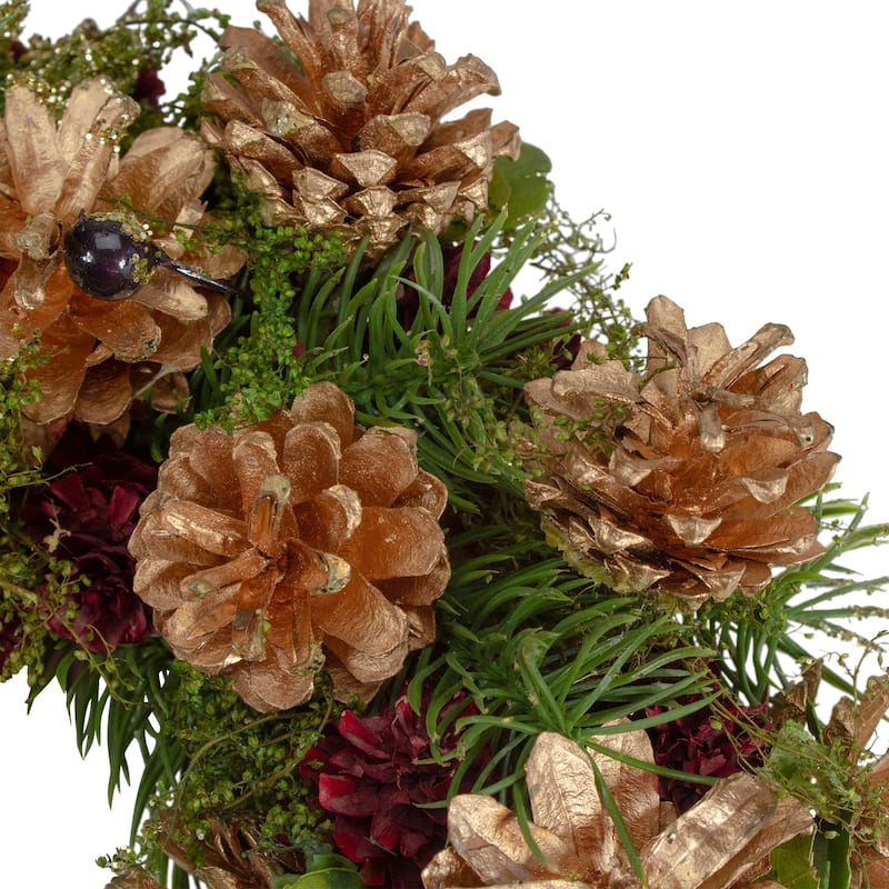 12" Green Gold and Red Glitter Pinecones Christmas Wreath