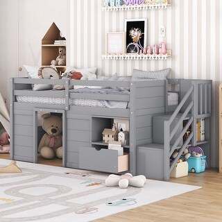 Solid Wood Twin Size Low Loft Bed Frame with Stairs, Drawer, & Shelf, Modern Kids Bed with Storage for Small Rooms, Grey
