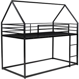 Twin Over Twin Metal Bunk Bed, Playhouse Bunk Beds w/Safety Guardrail & Ladder, Metal Twin Bunk Bed Frame, No Box Spring Needed