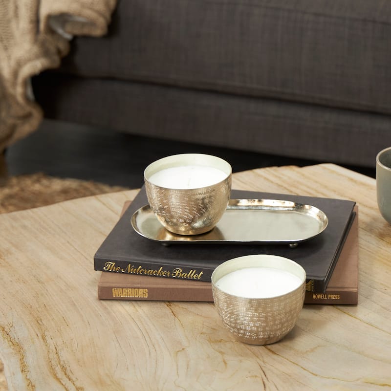Silver or Gold or Copper Metal Scented Grid Patterned 10 oz 1 Wick Candle with White Wax (Set of 2) - Silver