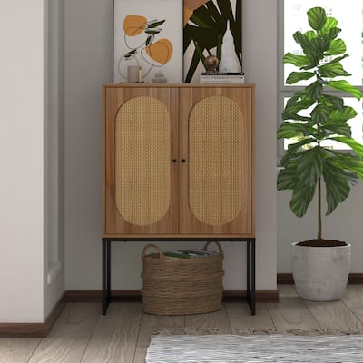 Bohemian Rattan Doors Freestanding Hallway Storage Chest Cabinet, Accent Wood Buffet Sideboard with Doors and Adjustable Shelf