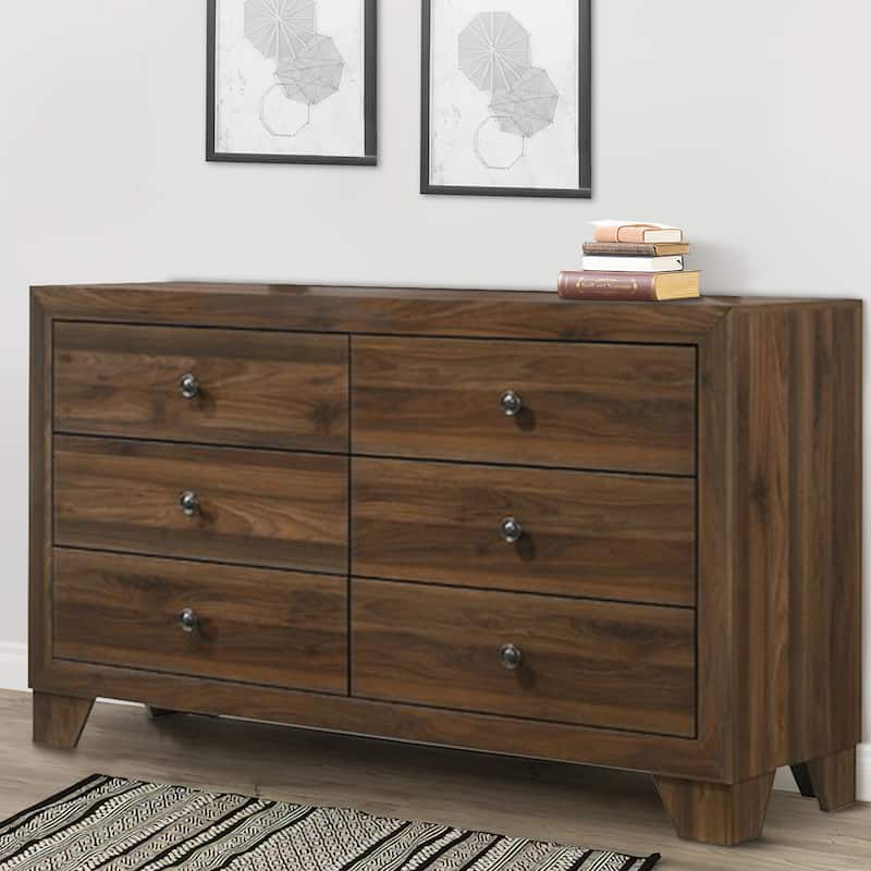 6 Drawer Wooden Dresser with Round Knobs and Tapered Legs, Brown