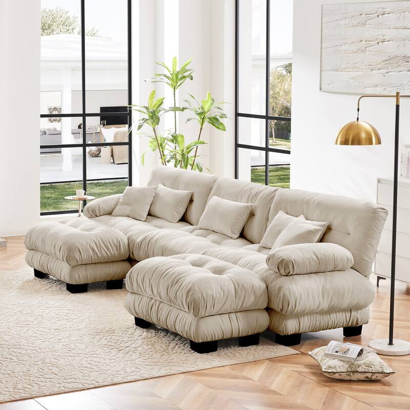 133.8" Chenille U-Shaped Cloud Sectional Sofa (3-Seater Modular) with 2 Ottomans