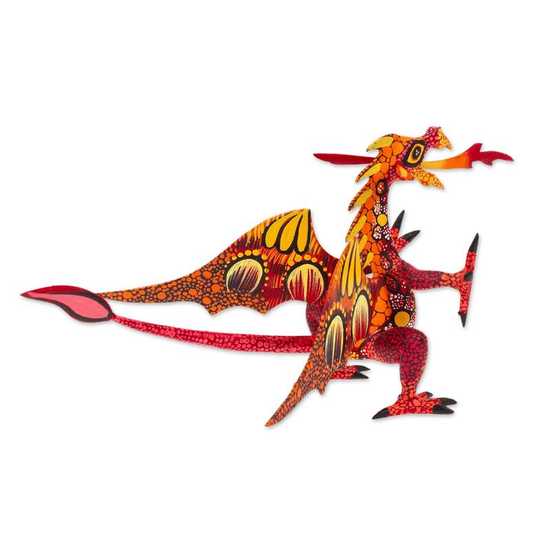 Handmade Copal Wood Dragon Alebrije Sculpture in Red and Orange (Mexico) - 17 cm H x 24 cm W x 15 cm D