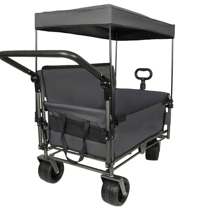 3-in-1 Folding Wagon Cart with Bench Seat & Canopy & Storage, 500lbs Heavy-Duty, 180L Capacity, All-Terrain Wagon