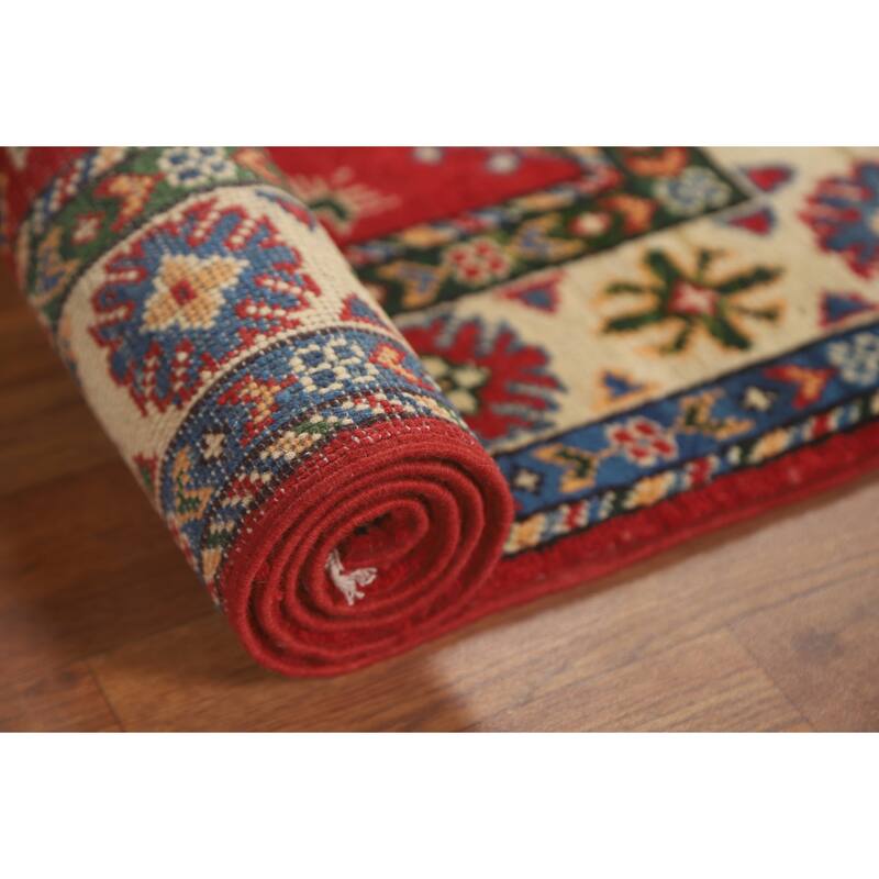 Geometric Red Kazak Oriental Accent Rug Handmade Wool Carpet - 2'10" x 4'2"