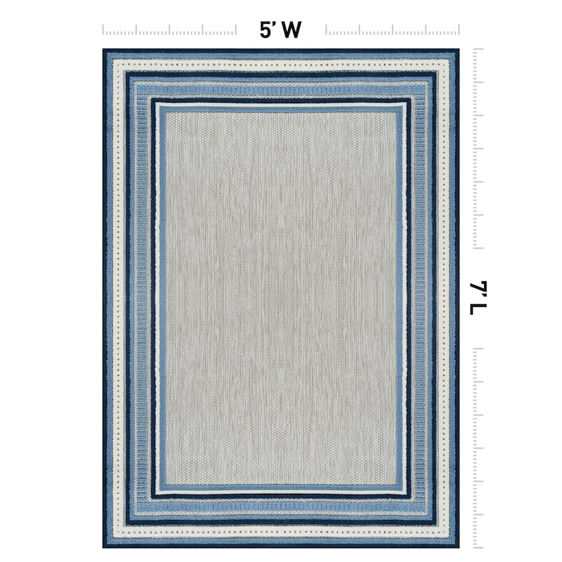 World Rug Gallery Indoor/Outdoor High-Low Textured Area Rug, Coastal Border Easy-Clean Patio Rug
