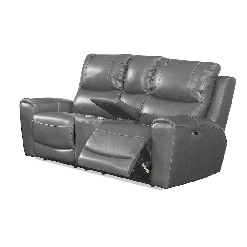 Copper Grove Fyti Top Grain Leather Power Reclining Loveseat with Storage Console - Grey