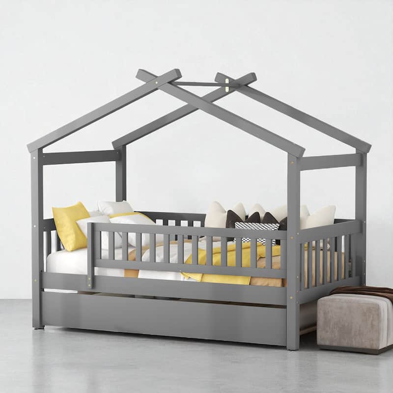 Twin Size Wooden House Bed with Trundle, Roof Design Platform Frame with Headboard for Kids, No Box Spring Needed