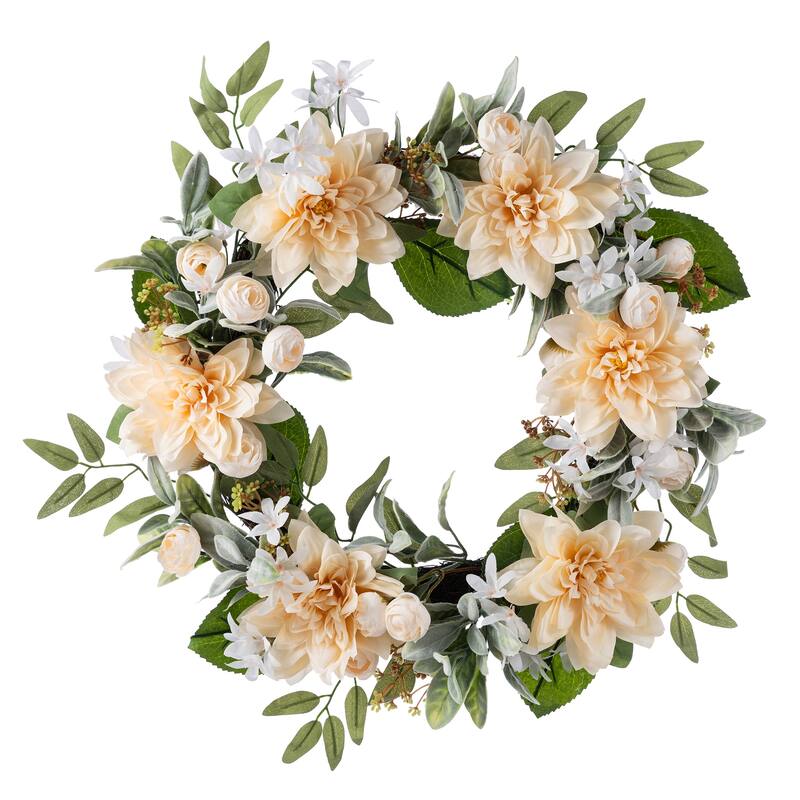 Glitzhome 24"D Artificial Floral Wreath with Peach Dahlia, Blue Peony & Hydrangea or Pink Hydrangea, Peony & Cherry