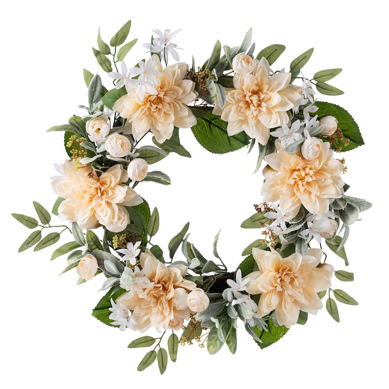 Glitzhome Peach Dahlia Floral Wreath Teardrop Garland - Wreath