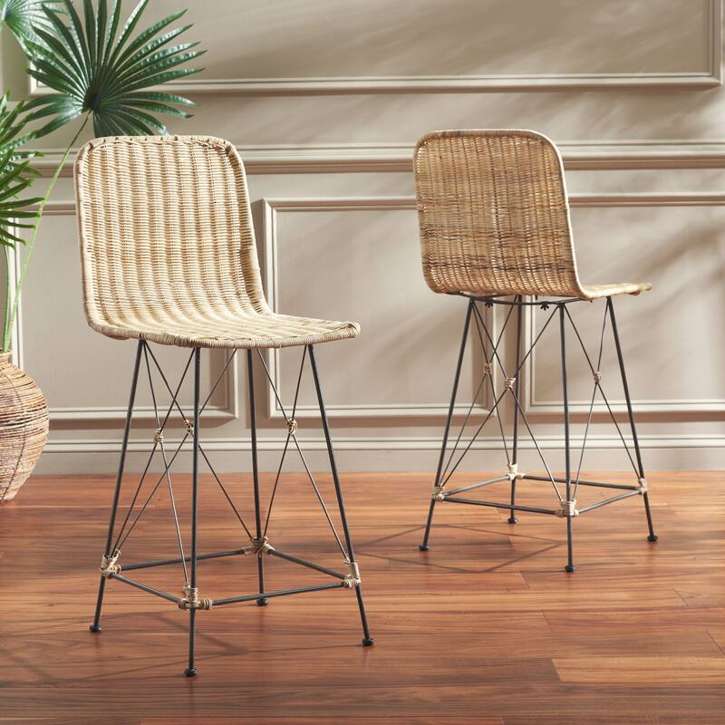 SAFAVIEH Home Minerva 24-inch Weaved Counter Stool [SET of 2] - 18"W x 21"D x 37"H - Light Natural/Black