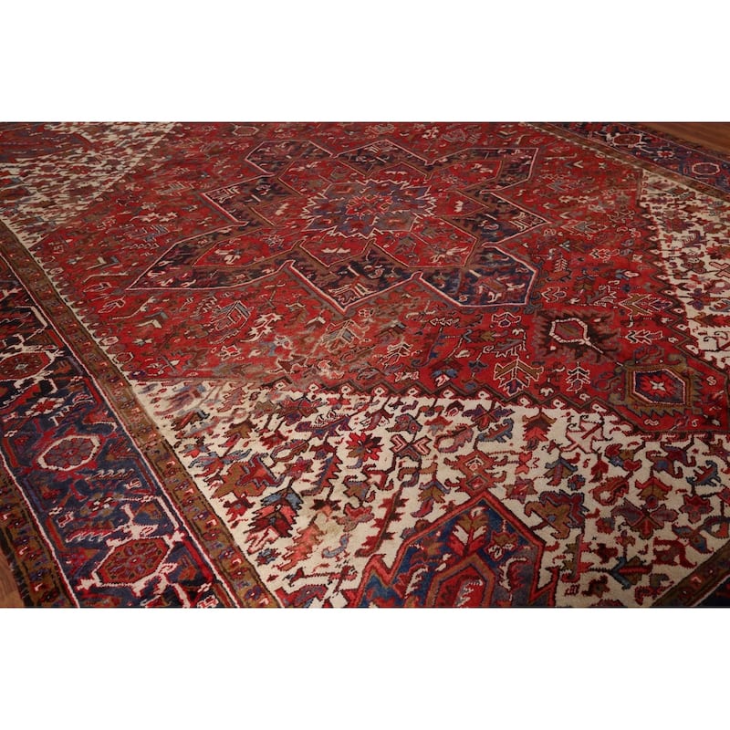 Geometric Heriz Vintage Persian Area Rug Hand-Knotted Wool Carpet - 10'4" x 12'9"