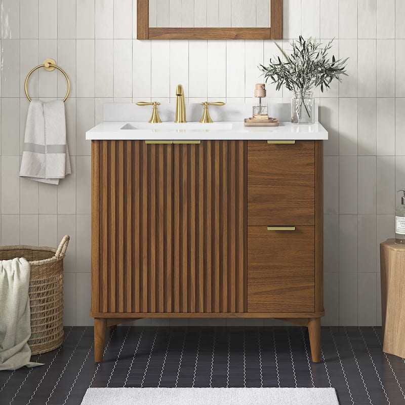Gabi Bathroom Vanity with White Engineered Stone Top - 36" - Warm Walnut