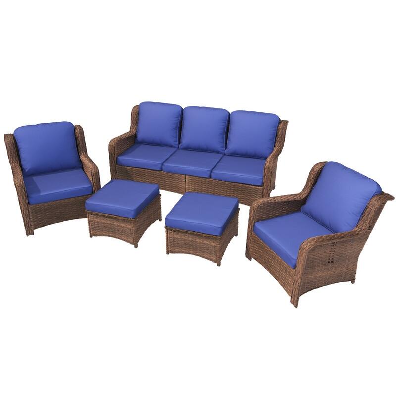 5-piece Patio Furniture High Back Conversation Set with Navy Blue Cushions