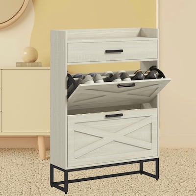 Narrow Shoe Storage Cabinet with 2 Flip Drawers, Adjustable Shelves, and Top Drawer for 12 Pairs, Ideal for Hallway Entryway