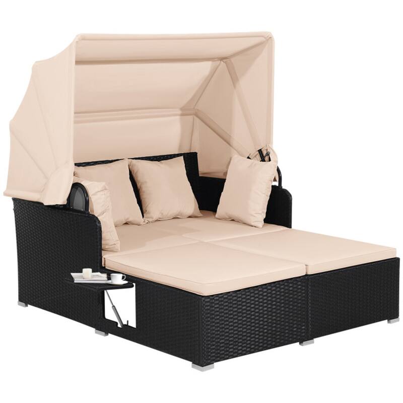 Rattan Daybed Lounge with Retractable Canopy and Side Tables - 65" x 60.5 x 58.5"