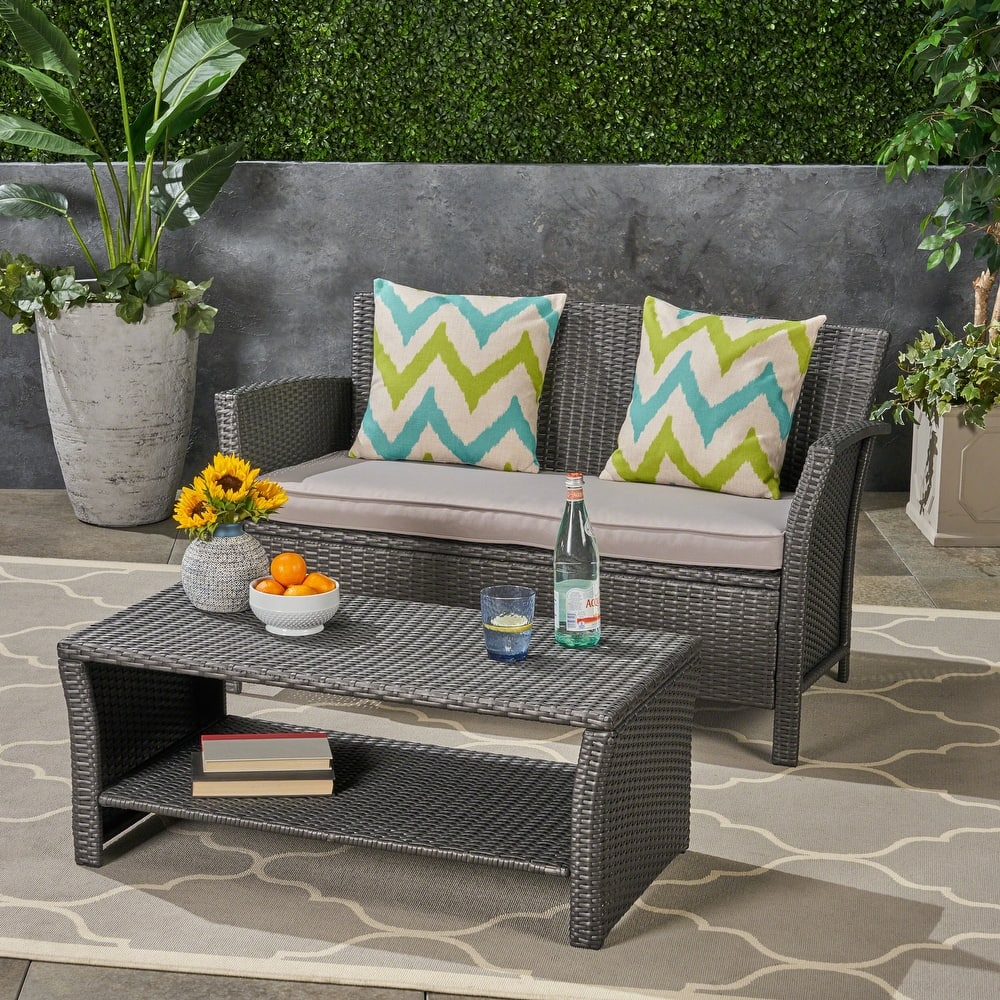 St. Lucia Outdoor Wicker Loveseat with Coffee Table by Christopher Knight Home