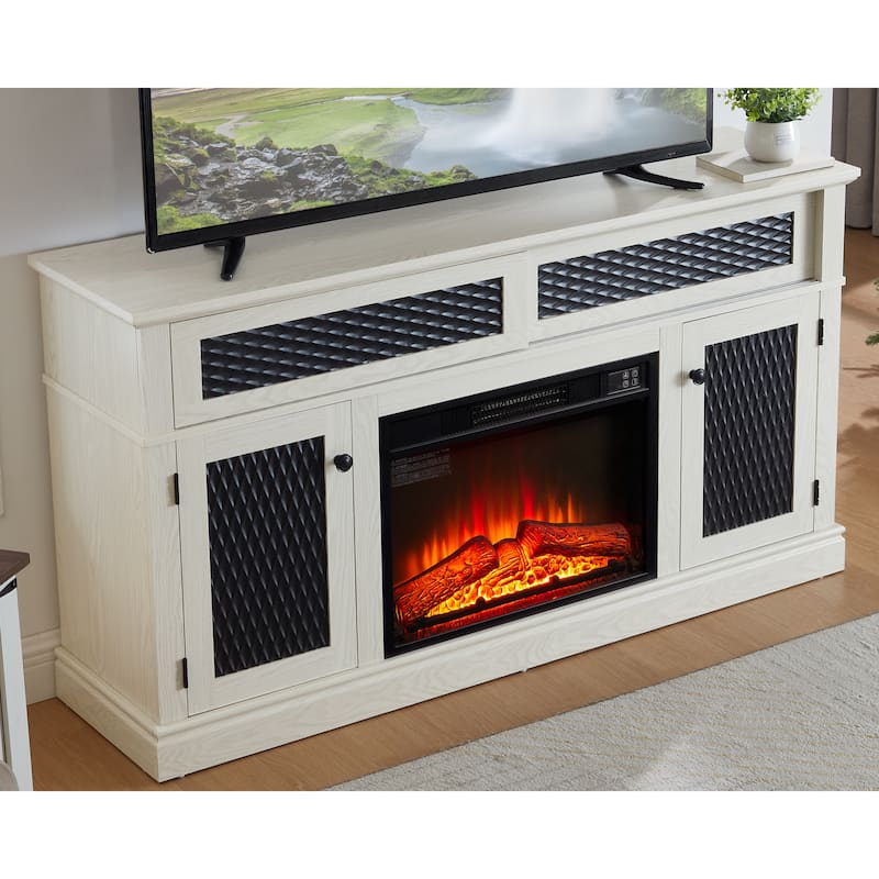 Modern Fireplace TV Stand with Sliding Door, Open and Closed Storage Space, for Living Rooms and Bedrooms, White