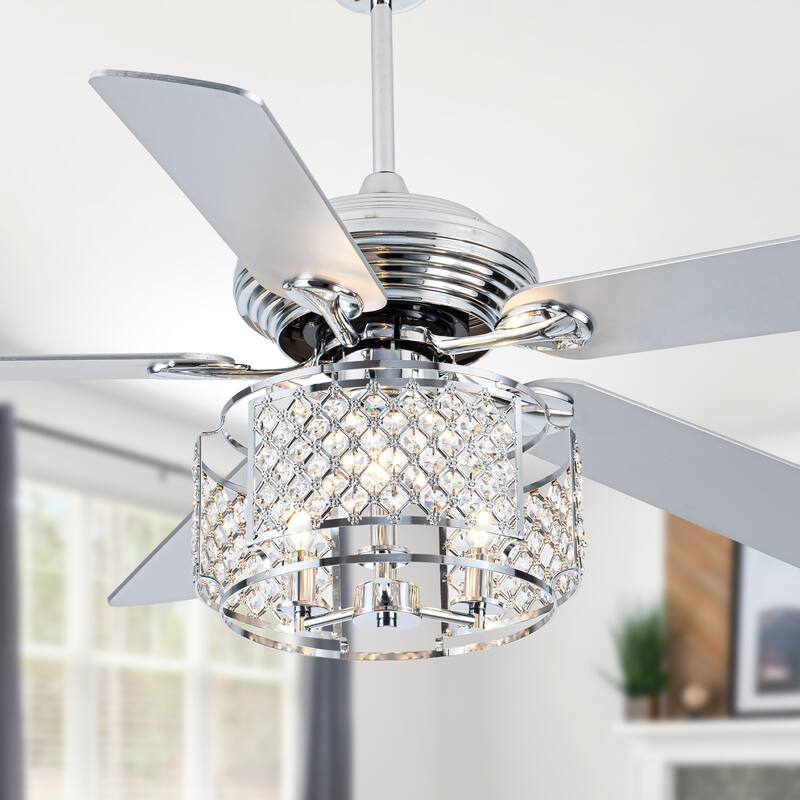 52in. Nickel 6-speed Reversible Crystal Ceiling Fan with Light and Remote - 52 - Nickel