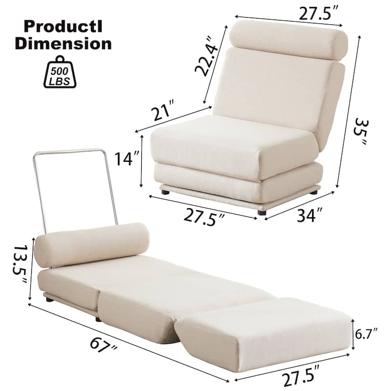 Cream White 34" Foldable Chaise Lounge Chair with Pillow