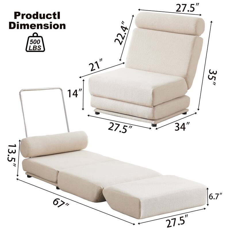 Cream White Modern 34" Linen Upholstered Foldable Chaise Lounges Chair with Pillow for Living Room