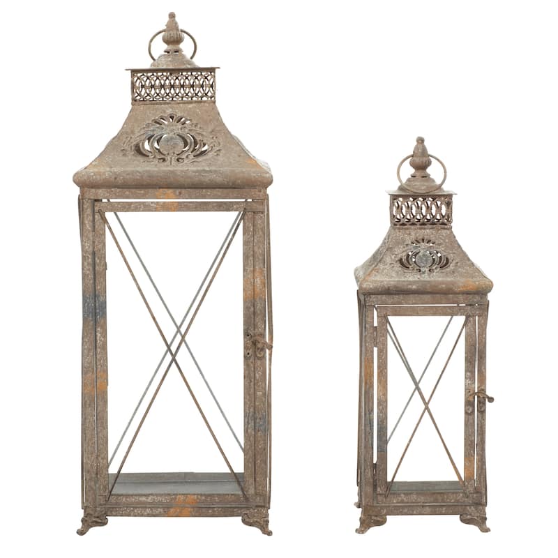 Metal Decorative Candle Lantern - Set of 2 Brown - Roche River Decor - 9"W x 9"L x 24"H
