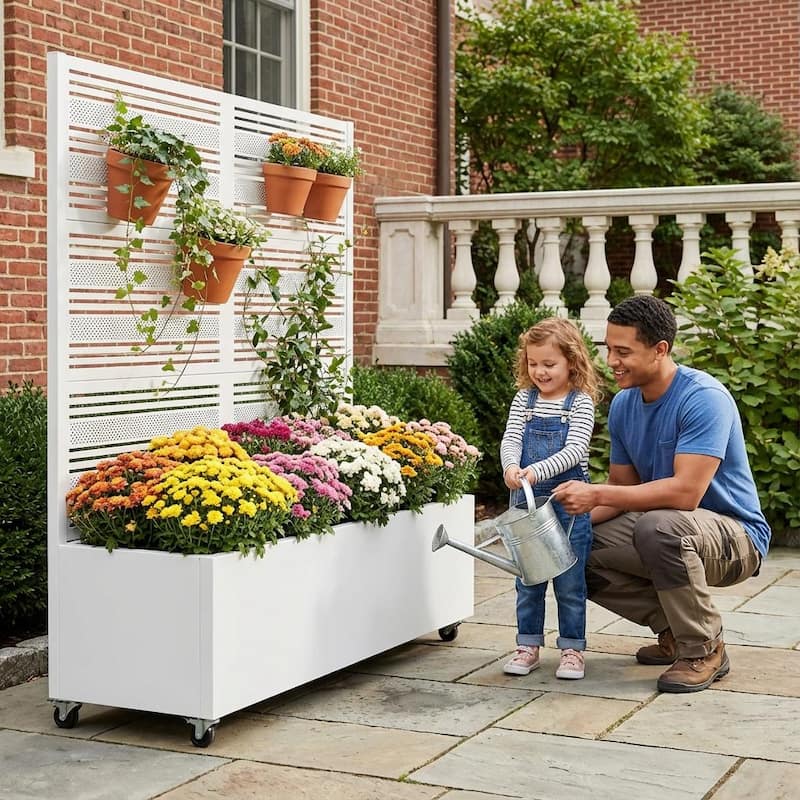 Outdoor Metal Galvanized Privacy Screen Planter Box with Trellis Lockable Wheels