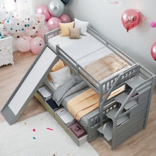 Twin over Full Bunk Bed with Drawers,Storage and Slide,High Guardrail, Ladder With Handrails,Multifunction,Space saving,Gray