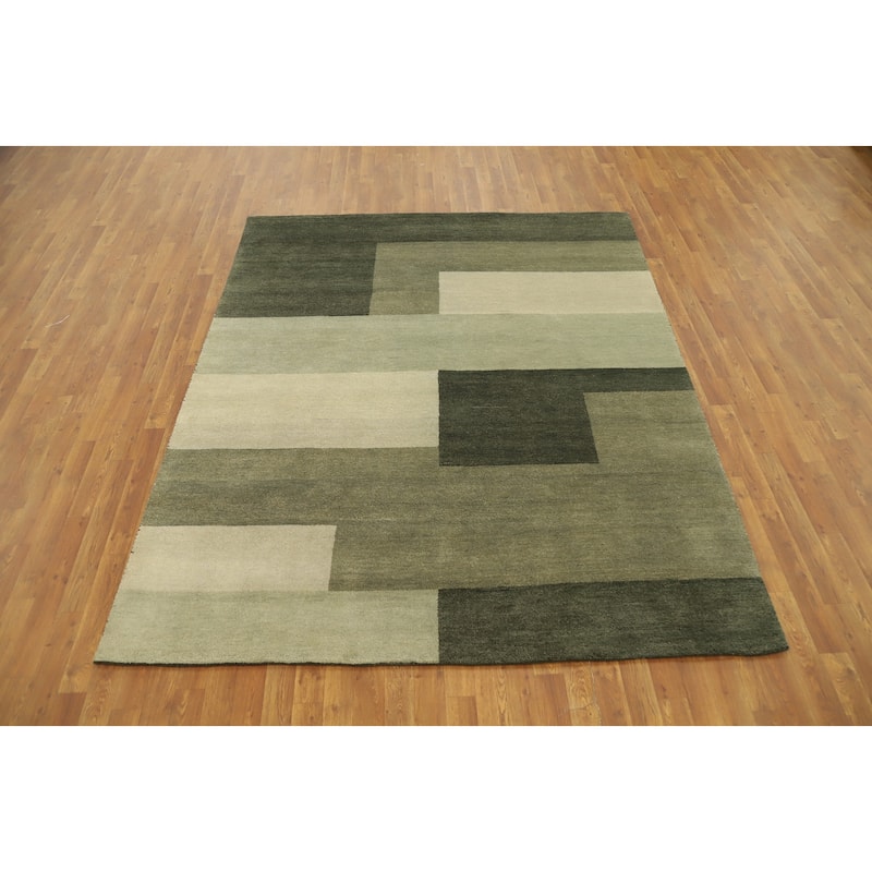 Hand Knotted Oriental 100% Wool Carpet Modern Geometric Green Gabbeh Area Rug - 7' 10'' X 6' 7''