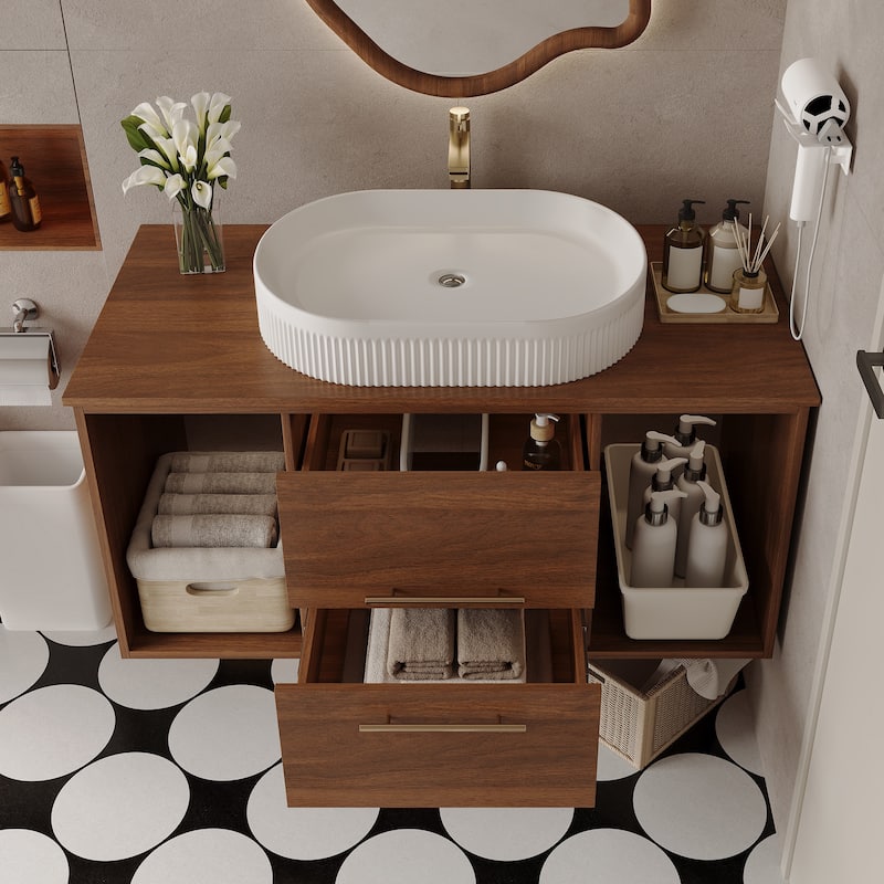 Modern 39.4 Wall-Mounted Bathroom Vanity with Oval Ceramic Sink Floating Vanity Multi-Layer Solid Wood Cabinet