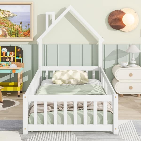 slide 2 of 9, Twin Size Montessori Floor Bed with Fence and Door, House-Shaped Headboard Floor Bed, Wooden Twin Kids Bed Frame for Boys Girls