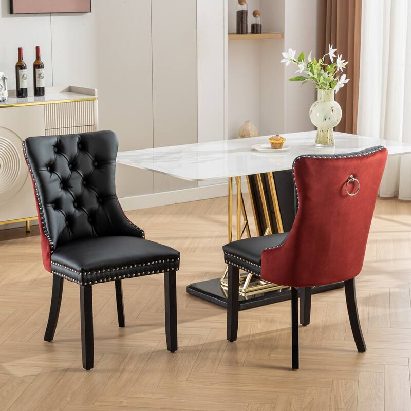 Tufted Solid Wood PU and Velvet Upholstered Dining Chair with Wood Legs 2-Pcs Set