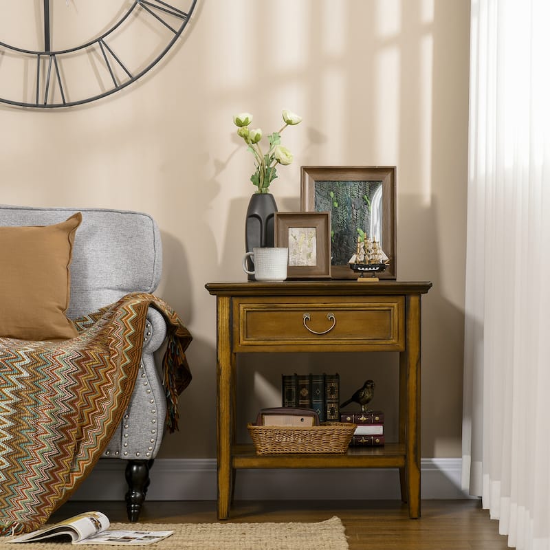 Retro Side Table, End Table with Storage Drawer and Open Shelf for Living Room, Bedroom