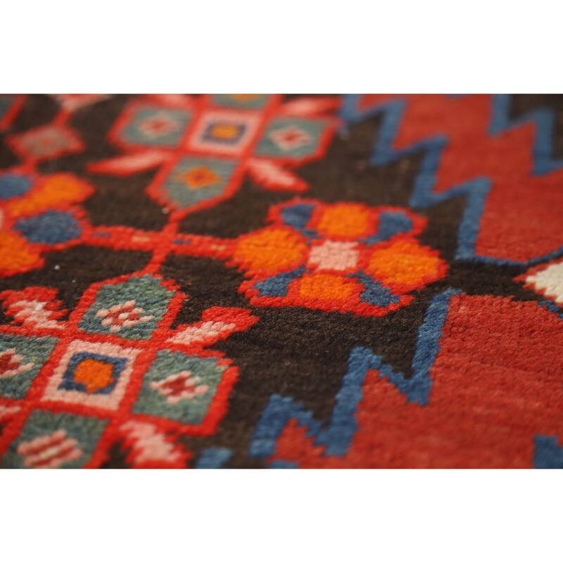 Hand Knotted Oriental 100% Wool Carpet Traditional Tribal Brown Kazak Runner Rug - 12' 6'' X 3' 4''