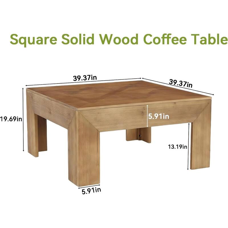 39" Square Solid Wood Coffee Table with Intricate Inlaid Top & Sturdy Legs, Rustic Center Tables for Living Room