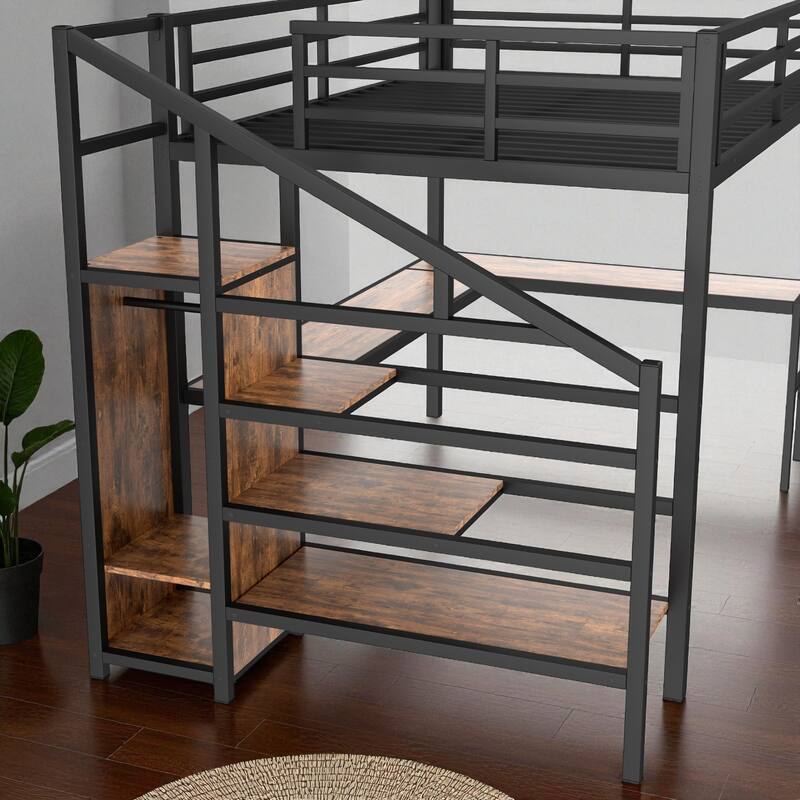 Queen Size Metal Loft Bed with Wardrobe, L-Shaped Desk, USB Ports, LED Lights, and Adjustable Shelves