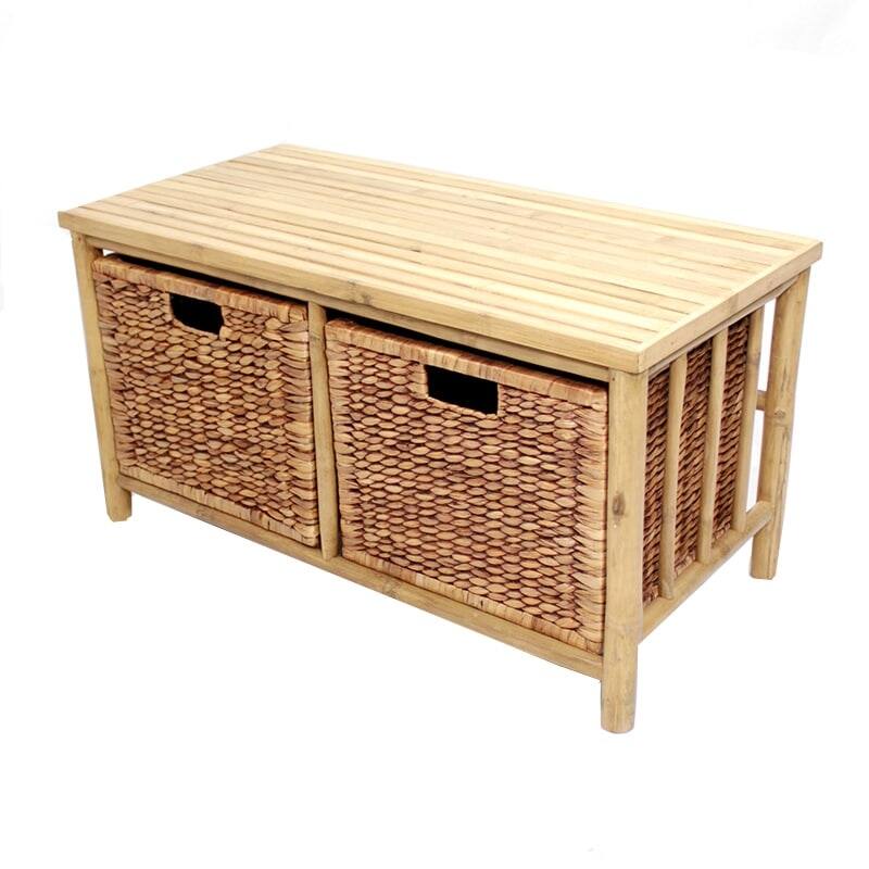 Heather Ann Bamboo Wood Entryway Storage Bench with 2 Baskets