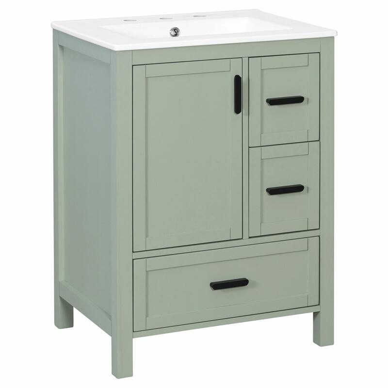 24" Modern Bathroom Vanity with Ceramic Sink, Soft-Close Door, Double-Layer Door Shelf & 3 Drawers