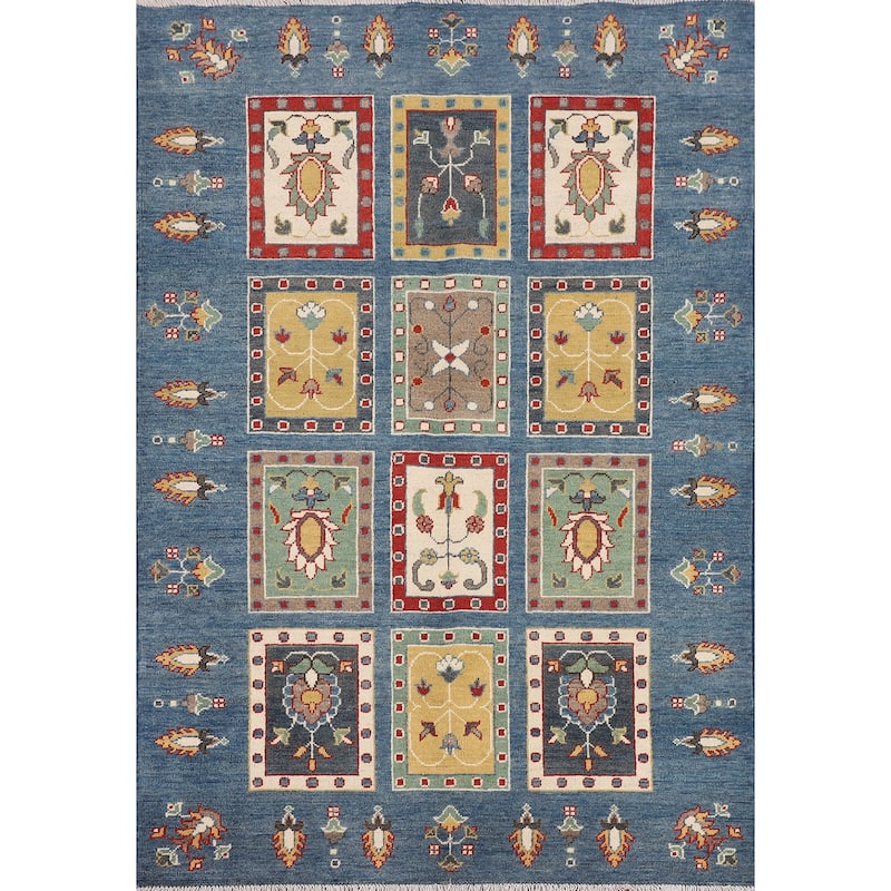 Blue Geometric Kazak Area Rug Hand-Knotted Wool Carpet - 4'2" x 5'11"