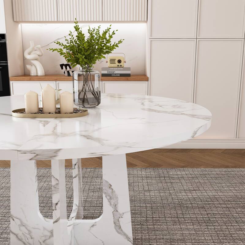 47.24" Round Dining Table for 4 - Farmhouse MDF Table with Marble White Finish, 300lb Capacity, Easy Assembly for Dining Room