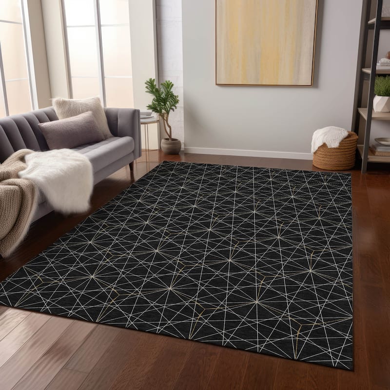 Machine Washable Indoor/ Outdoor Mosaic Geo Chantille Rug - Black - 3' x 5'
