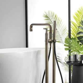 33" H Solid Brass Floor Mounted Freestanding Tub Faucet with Hand Shower and Diverter