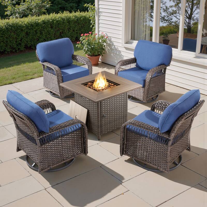 Pocassy Outdoor Sofa Ottoman Swivel Chair Table with Fire Table Set. - Brown Wicker Blue Cushion - 5-Piece Swivel Chair with Fie Pit Table