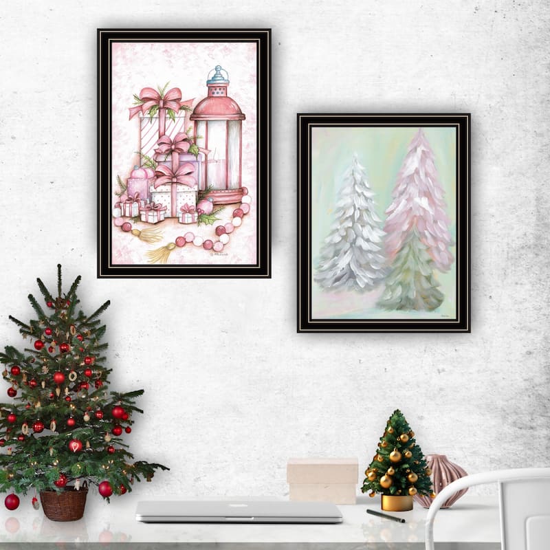 2-Piece Framed Wall Art Set - Pink Candy Land Christmas Trees, Black Frame