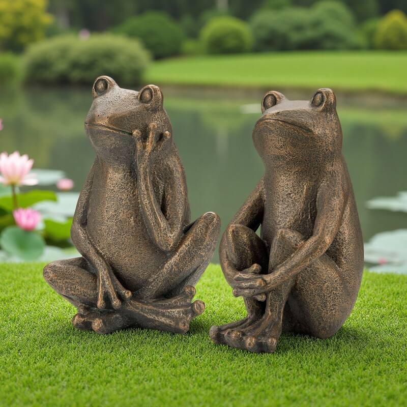 Glitzhome 12''H Resin Bronze Sitting Frog Statue Outdoor Garden Sculpture Decoration