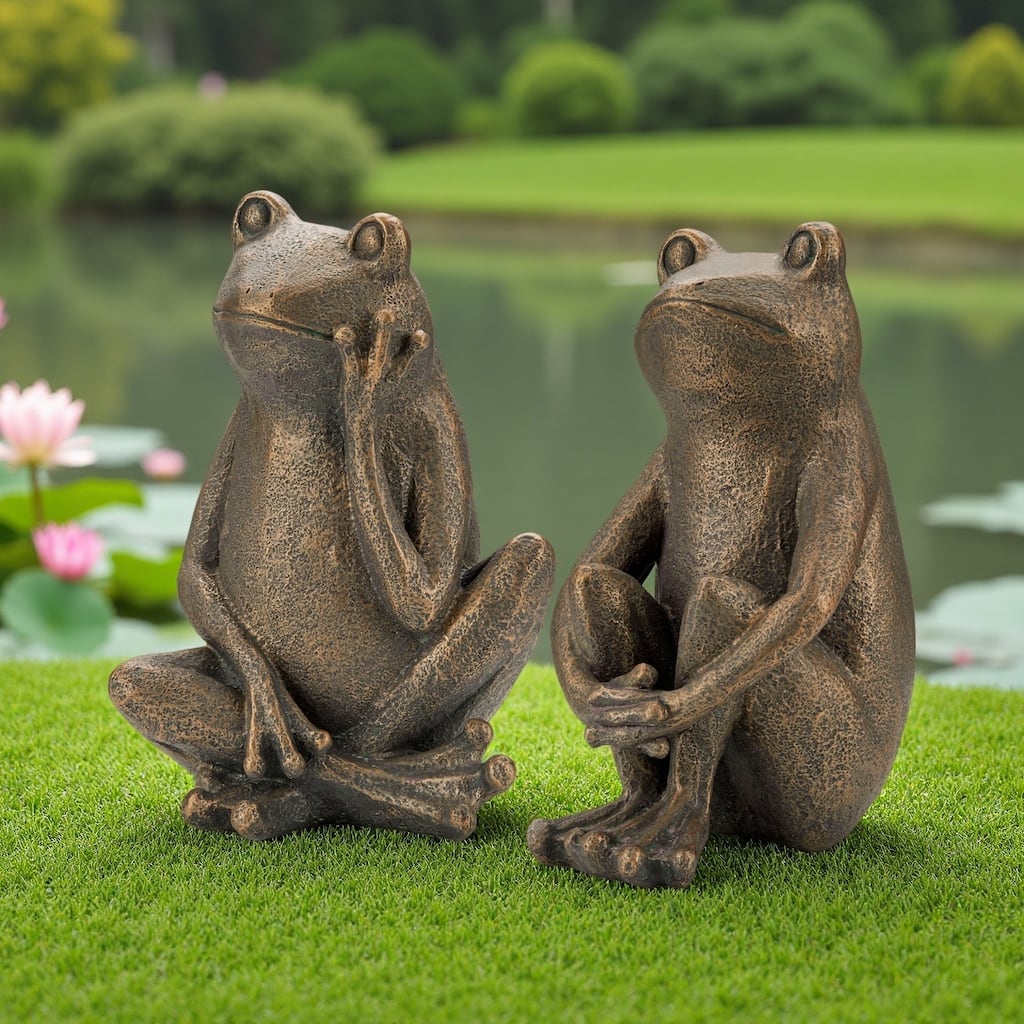 Glitzhome 12''H Resin Bronze Sitting Frog Statue Outdoor Garden Sculpture Decoration