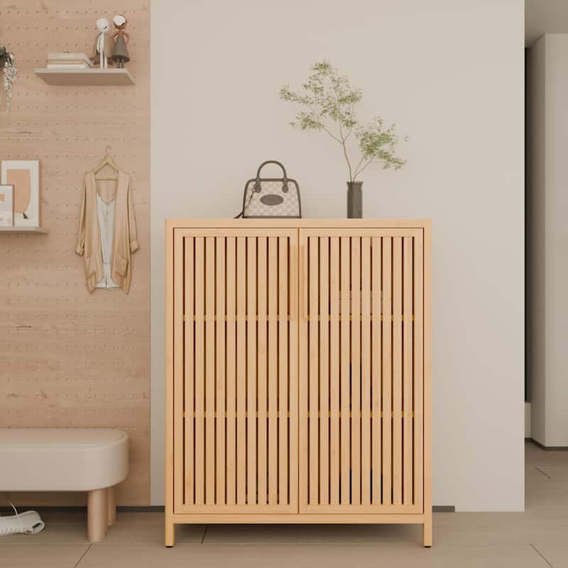Narrow Freestanding Accent Cabinet Bathroom High Cabinet, Bamboo Storage Cabinet with Doors and Open Shelves