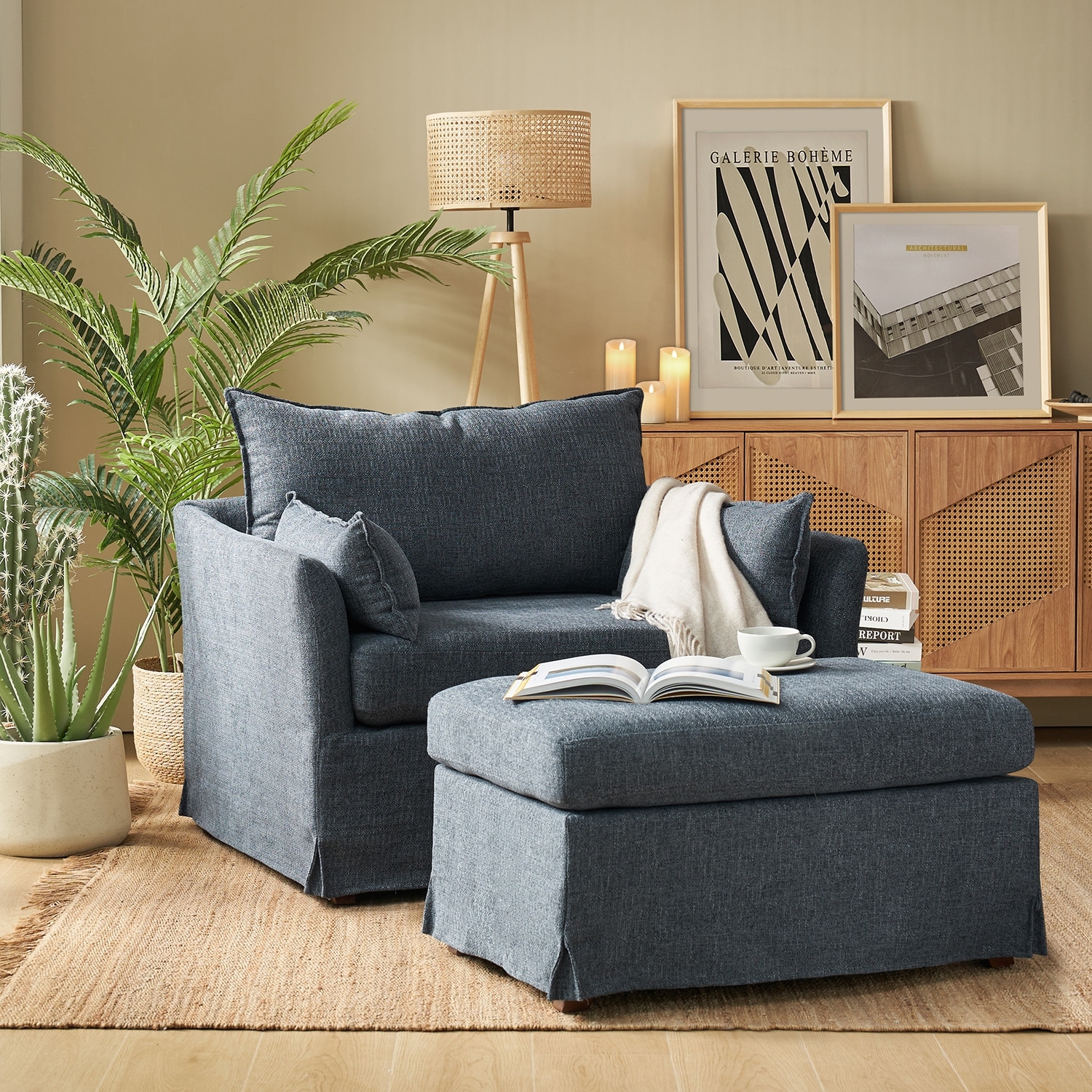 HULALA HOME Sophie Modern Oversized Slipcovered Armchair and Ottoman with Lockable Rear Wheels