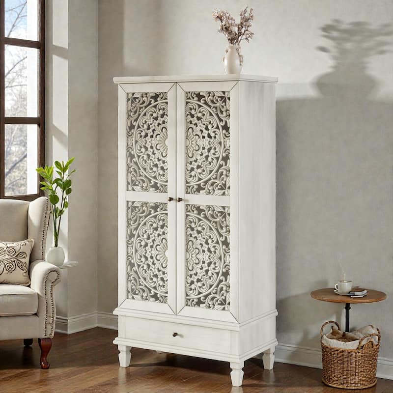 55'' Rustic Tall Storage Cabinet with Drawer, Carved Wood 2-Door Accent Cabinet with Solid Wood Legs for Living Room